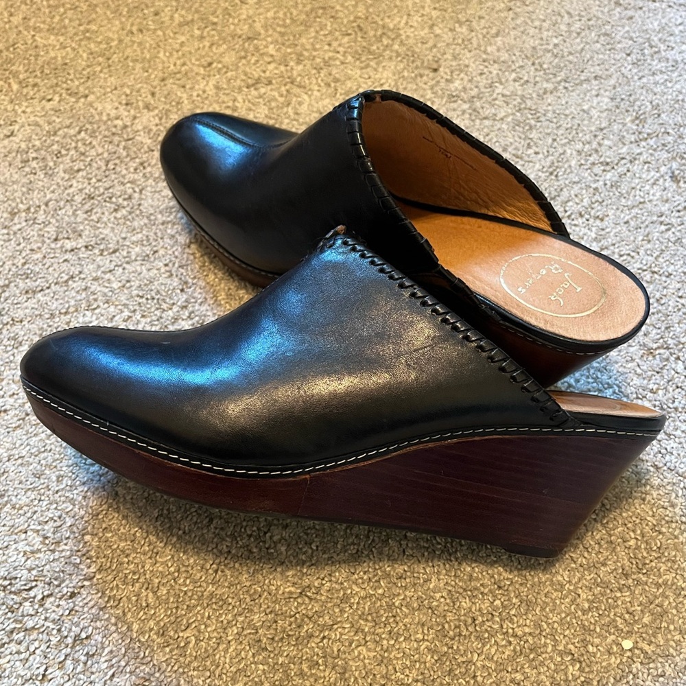 Jack Rogers Womens Simone Black Leather Wedge Mules Clogs Sandals 10M